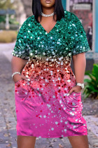 Rozerode casual print patchwork jurk met V-hals en korte mouwen
