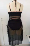 Conjunto de tres piezas de traje de baño de talla grande con correa de espagueti transparente y sexy negra (con relleno)