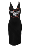 黒のセクシーなプリント パッチワーク V ネック ペンシル スカート プラス サイズのドレス