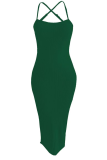 Green Sexy Solid Patchwork Spaghetti Strap Pencil Skirt Plus Size Dresses