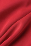 レッド カジュアル ワーク ソリッド パッチワーク フォールド スクエア カラー ワンステップ スカート ドレス