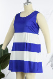 Blaues beiläufiges tägliches gestreiftes Druck-grundlegendes O-Ansatz-Westen-Kleid plus Größen-Kleider