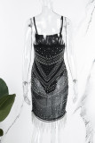 Black Sexy Solid Patchwork See-through Hot Drill Spaghetti Strap Sling Dress Dresses