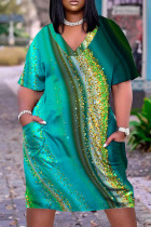 Donkergroene casual print patchwork jurk met V-hals en korte mouwen