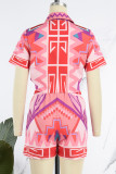 Red Casual Print Frenulum Shirt Collar Short Sleeve Two Pieces