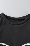 ブラック カジュアル ソリッド 刺繍 パッチワーク Oネック 半袖 ツーピース