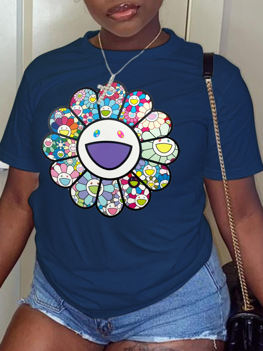 

Navy Blue Casual Street Print Patchwork O Neck T-Shirts