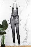 Black Sexy Sportswear Solid Hollowed Out Patchwork Halter Skinny Jumpsuits