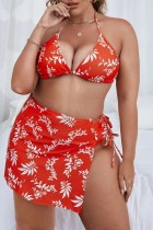 Red Sexy Print Bandage Backless Halter Plus Size Swimsuit Three Piece Set (With Paddings)
