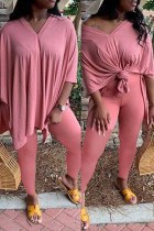 Pink Fashion adult Ma'am OL V Neck Solid Two Piece Suits Plus Size