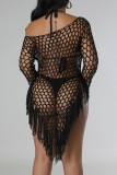 Green Sexy Solid Tassel Hollowed Out See-through Asymmetrical Swimwears Cover Up