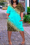 Leopardtryck Casual Print Patchwork V-ringad kortärmad klänning