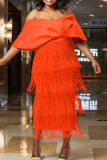 Tangerine Red Elegant Solid Tassel Patchwork V Neck Robe de soirée Robes
