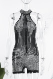 Абрикосовый сексуальный пэчворк с горячим бурением, прозрачный облегающий комбинезон с круглым вырезом
