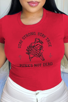T-shirt con scollo a O e lettera patchwork con stampa teschio da strada casual rossa