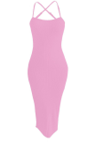 Розовая сексуальная сплошная лоскутная юбка-карандаш на тонких бретельках Платья больших размеров