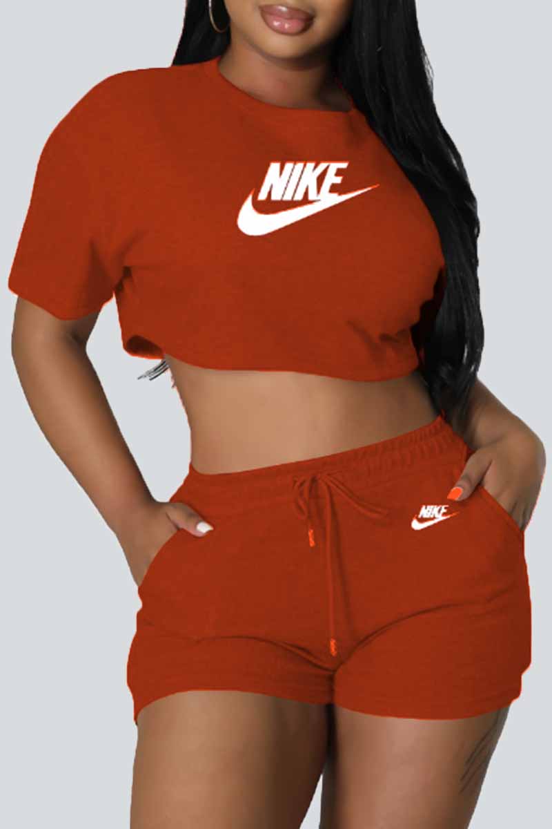 

Orange Red Casual Print Letter O Neck Short Sleeve Two Pieces