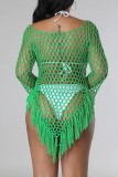 Green Sexy Solid Tassel évidé See-through Asymétrique Swimwears Cover Up