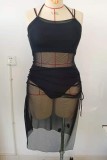 Schwarzer, sexy, solider, durchsichtiger Spaghetti-Träger, Plus-Size-Badeanzug, dreiteiliges Set (mit Polsterung)