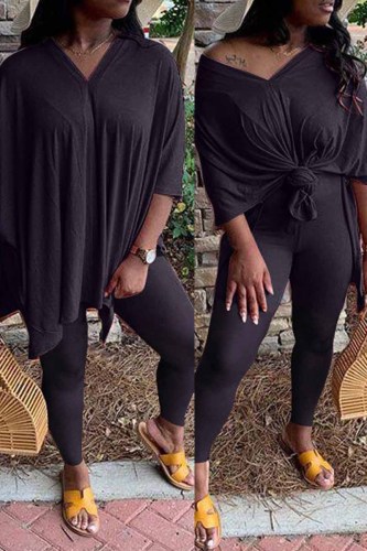 Schwarze Mode für Erwachsene Ma'am OL V-Ausschnitt Solide zweiteilige Anzüge in Übergröße