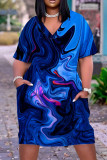 ライト ブルー カジュアル プリント パッチワーク V ネック ショート スリーブ ドレス