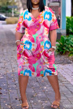 Roze casual print patchwork jurk met V-hals en korte mouwen
