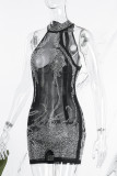 Macacão skinny preto sexy patchwork com furos transparentes no decote
