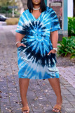 Lichtblauwe casual print patchwork jurk met V-hals en korte mouwen