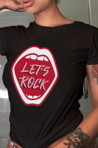 Camisetas con cuello en O de letras estampadas de labios diarios informales negros