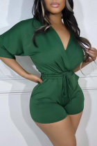 Green Sexy Solid Draw String V Neck Straight Rompers