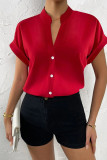 Tangerine Red Casual Solid Patchwork Buckle Mandarin Collar Tops