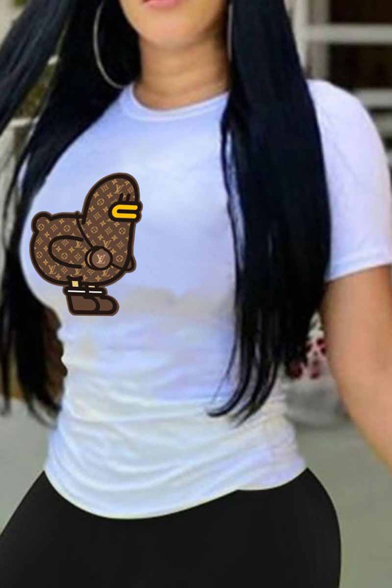

White Casual Print Letter O Neck T-Shirts