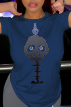 Azul marino Casual Street Skull Patchwork O cuello camisetas
