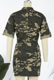 Camouflage Casual Camouflage Print Patchwork Draw String Zipper Turndown Collar Straight Dresses