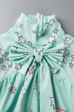 Lichtgroen casual print patchwork lint kraag A-lijn jurken