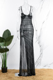 Vestido de tirante de espagueti de taladro en caliente con abertura transparente de patchwork sólido sexy negro Vestidos