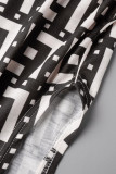 Stampa casual in bianco e nero patchwork spacco colletto obliquo manica corta due pezzi