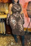 Negro sexy estampado patchwork transparente o cuello lápiz falda más vestidos de tamaño