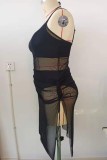 Conjunto de tres piezas de traje de baño de talla grande con correa de espagueti transparente y sexy negra (con relleno)