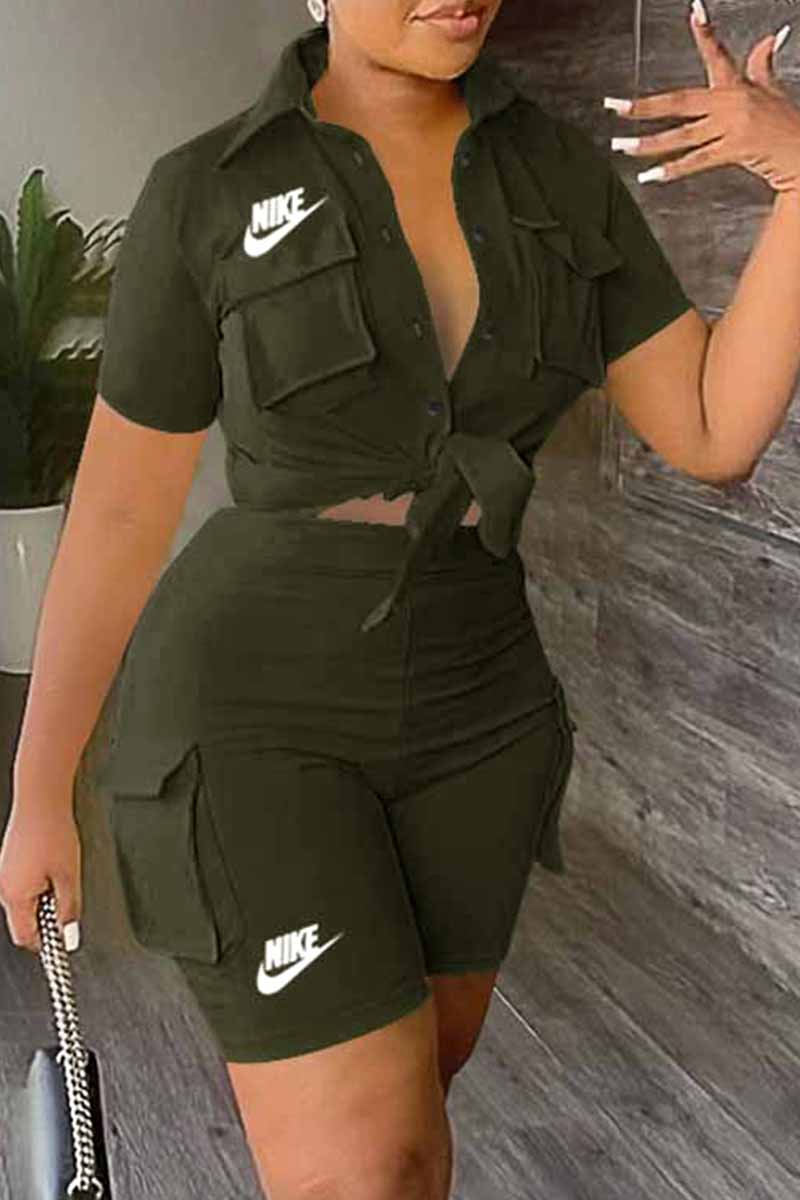 

Army Green Casual Print Letter Turndown Collar Short Sleeve Two Pieces