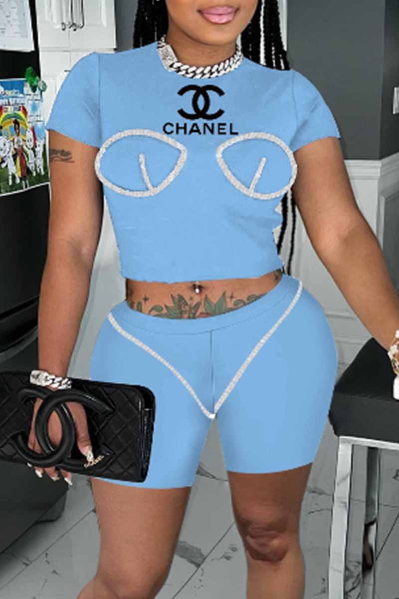 

Sky Blue Casual Street Print Letter O Neck Short Sleeve Two Pieces