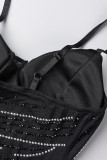 Черное сексуальное однотонное лоскутное прозрачное платье с разрезом на тонких бретелях