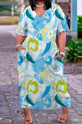 Blue Casual Print Basic V Neck Short Sleeve Dress
