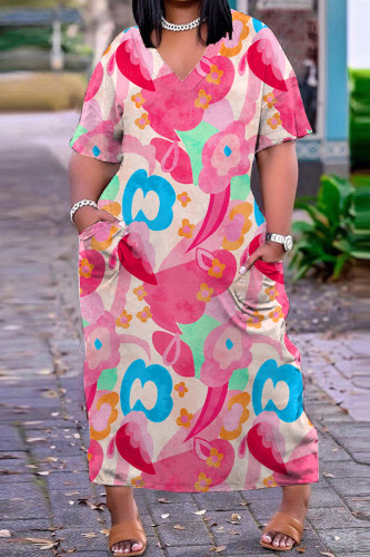Pink Casual Print Basic V Neck Short Sleeve Dress