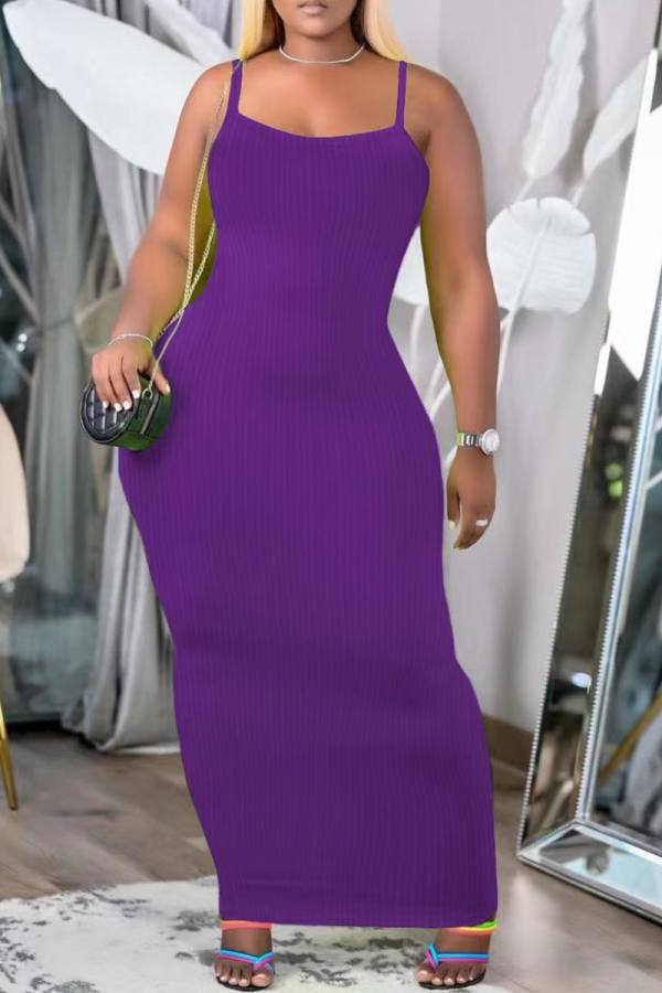 Púrpura sexy sólido patchwork correa de espagueti falda lápiz vestidos de talla grande