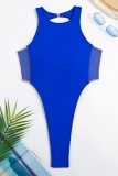 Roupa de banho sem costas em patchwork sólido azul sexy (com enchimentos)
