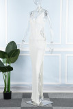 Vestido de praia branco sexy transparente transparente com fenda nas costas e alça espaguete