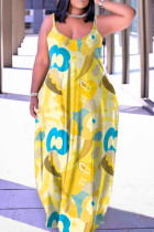 Желтое сексуальное повседневное длинное платье с вырезом на спине и бретельками с принтом Платья