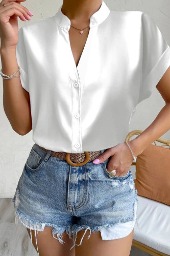 White Casual Solid Patchwork Buckle Mandarin Collar Tops