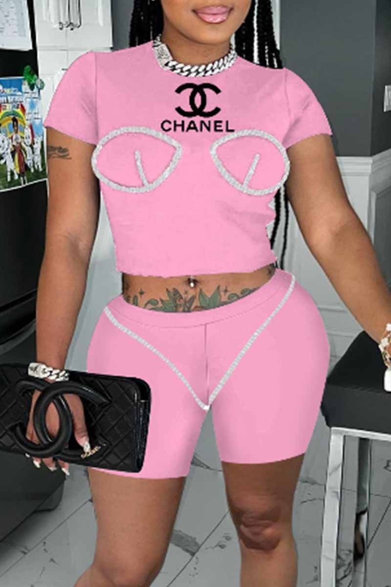 

Pink Casual Street Print Letter O Neck Short Sleeve Two Pieces